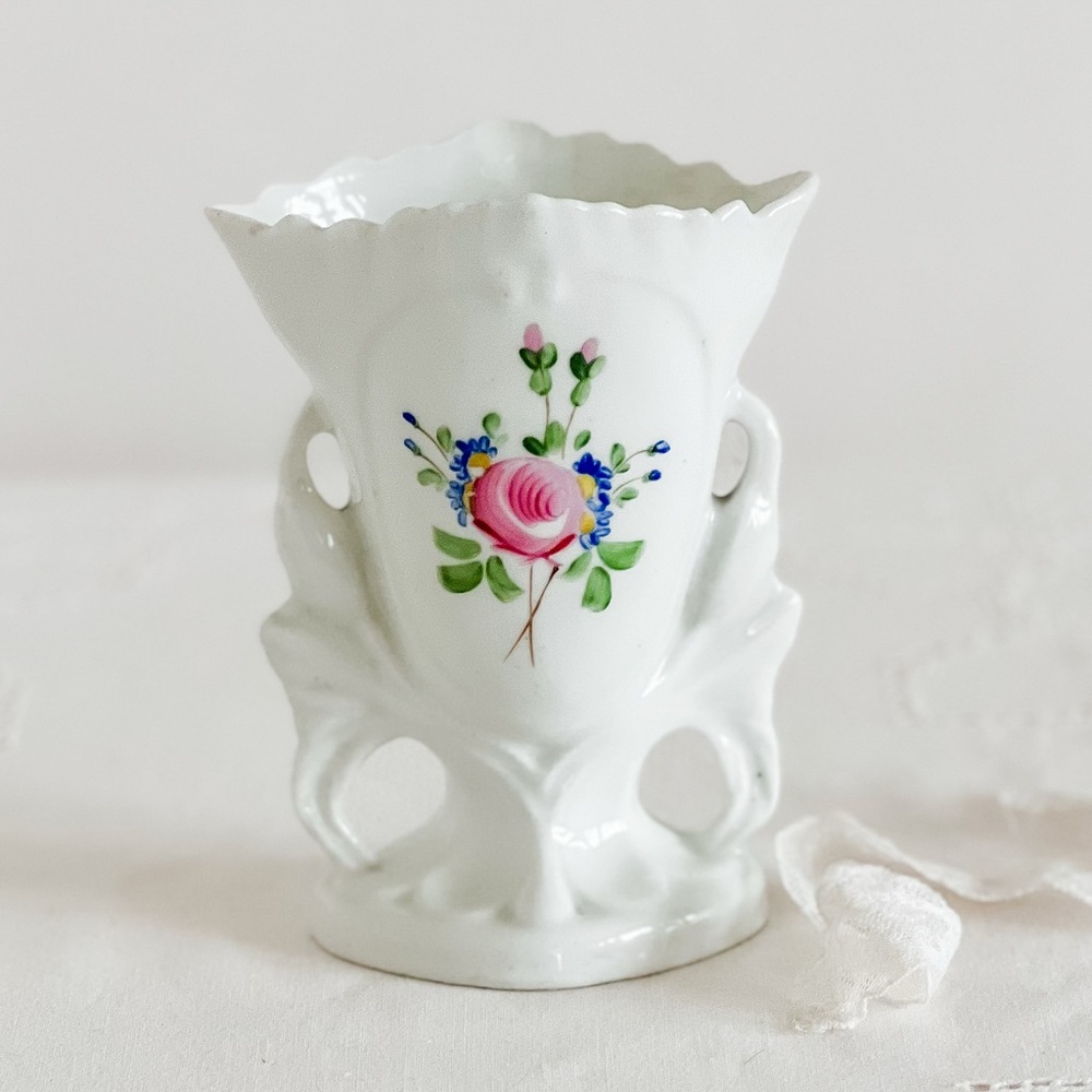 Antique French Porcelain Spill Vase Flower Vase with Hand Painted Roses